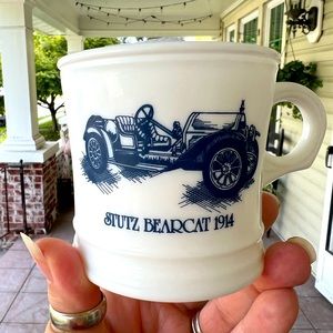 Vintage Stutz Bearcat 1914 Auto Car White Milk Glass 12oz Coffee Tea Cup Mug USA